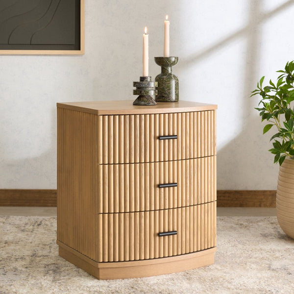 Safavieh SHELBIE 3 Drawer Reeded Nightstand - Modern Storage Solution for Stylish Bedrooms and Small Spaces Oak / Black SFV2206A