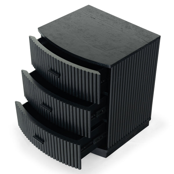 Safavieh Shelbie 3 Drawer Reeded Nightstand - Elegant Oak Design With Modern Accents For Any Bedroom Decor Black ,Black Wood ,Polyester Resin Drawer Fronts ,Metal Sfv2206b