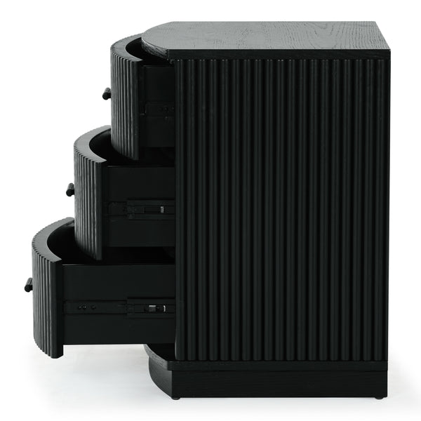 Safavieh Shelbie 3 Drawer Reeded Nightstand - Elegant Oak Design With Modern Accents For Any Bedroom Decor Black ,Black Wood ,Polyester Resin Drawer Fronts ,Metal Sfv2206b