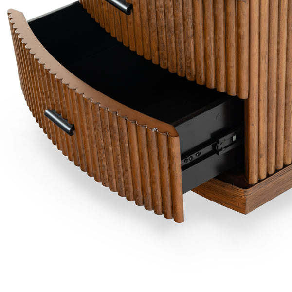 Safavieh Shelbie 3 Drawer Reeded Nightstand - Elegant Oak Design With Modern Accents For Any Bedroom Decor Medium Oak ,Black Wood ,Polyester Resin Drawer Fronts ,Metal Sfv2206c