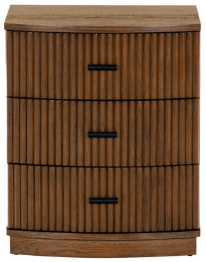 Safavieh Shelbie 3 Drawer Reeded Nightstand - Elegant Oak Design With Modern Accents For Any Bedroom Decor Medium Oak ,Black Wood ,Polyester Resin Drawer Fronts ,Metal Sfv2206c