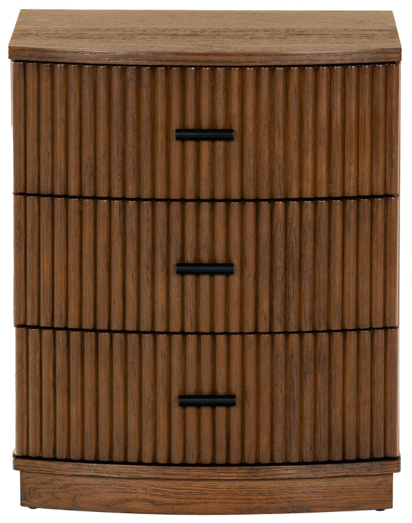 Safavieh Shelbie 3 Drawer Reeded Nightstand - Elegant Oak Design With Modern Accents For Any Bedroom Decor Medium Oak ,Black Wood ,Polyester Resin Drawer Fronts ,Metal Sfv2206c