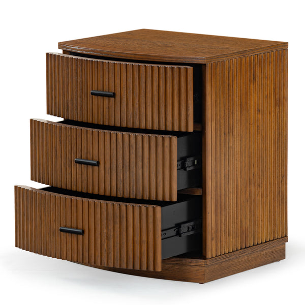 Safavieh Shelbie 3 Drawer Reeded Nightstand - Elegant Oak Design With Modern Accents For Any Bedroom Decor Medium Oak ,Black Wood ,Polyester Resin Drawer Fronts ,Metal Sfv2206c