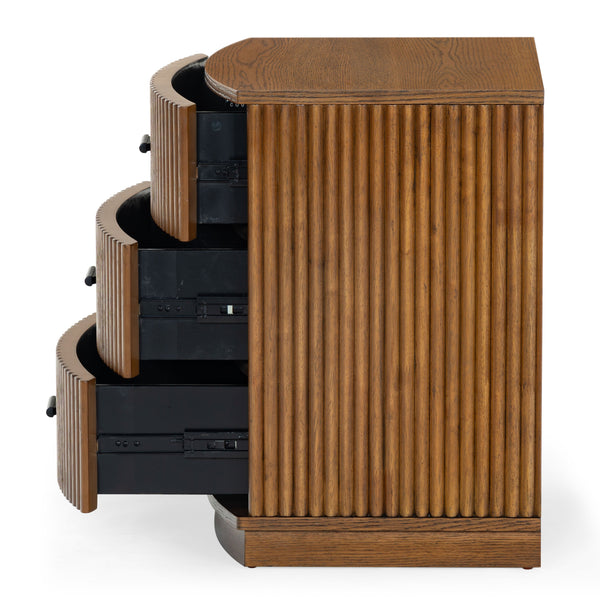 Safavieh Shelbie 3 Drawer Reeded Nightstand - Elegant Oak Design With Modern Accents For Any Bedroom Decor Medium Oak ,Black Wood ,Polyester Resin Drawer Fronts ,Metal Sfv2206c