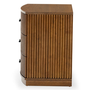 Safavieh Shelbie 3 Drawer Reeded Nightstand - Elegant Oak Design With Modern Accents For Any Bedroom Decor Medium Oak ,Black Wood ,Polyester Resin Drawer Fronts ,Metal Sfv2206c