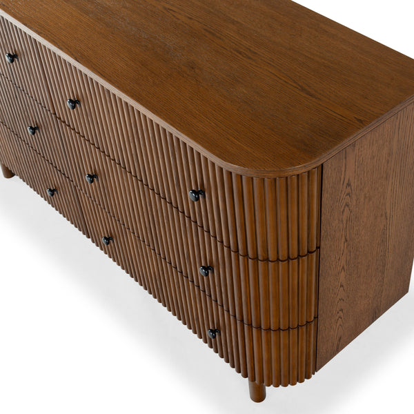 Safavieh Shelbie 6 Drawer Reeded Dresser - Elegant Oak Design With Unique Texture And Sturdy Construction Medium Oak ,Black Wood ,Polyester Resin Drawer Fronts ,Metal Sfv2207c