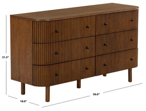Safavieh Shelbie 6 Drawer Reeded Dresser - Elegant Oak Design With Unique Texture And Sturdy Construction Medium Oak ,Black Wood ,Polyester Resin Drawer Fronts ,Metal Sfv2207c