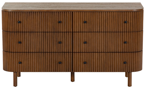 Safavieh Shelbie 6 Drawer Reeded Dresser - Elegant Oak Design With Unique Texture And Sturdy Construction Medium Oak ,Black Wood ,Polyester Resin Drawer Fronts ,Metal Sfv2207c