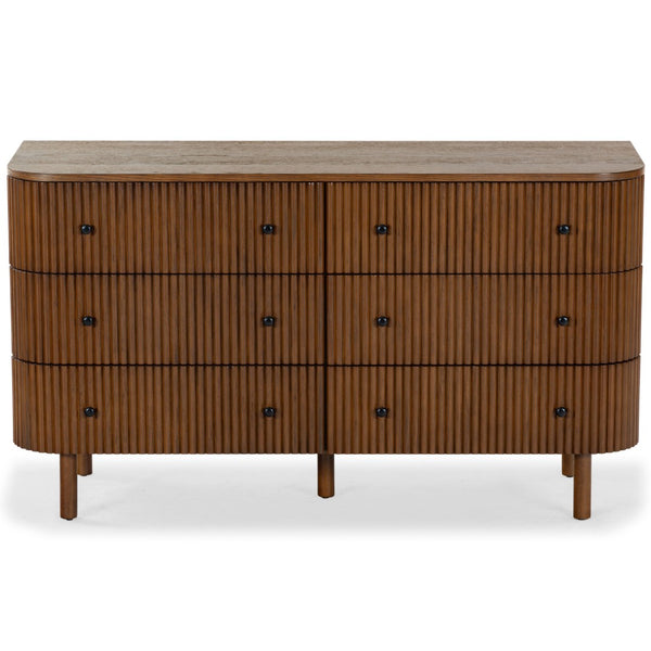 Safavieh SHELBIE 6 Drawer Reeded Dresser – Textured Elegance and Ample Storage for Modern Bedrooms Medium Oak / Black SFV2207C
