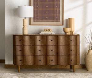 Safavieh SHELBIE 6 Drawer Reeded Dresser – Textured Elegance and Ample Storage for Modern Bedrooms Medium Oak / Black SFV2207C