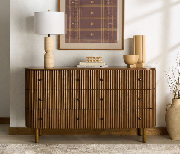 Safavieh SHELBIE 6 Drawer Reeded Dresser – Textured Elegance and Ample Storage for Modern Bedrooms Medium Oak / Black SFV2207C