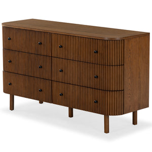 Safavieh Shelbie 6 Drawer Reeded Dresser - Elegant Oak Design With Unique Texture And Sturdy Construction Medium Oak ,Black Wood ,Polyester Resin Drawer Fronts ,Metal Sfv2207c