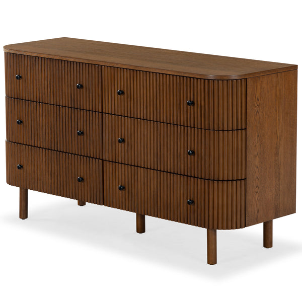 Safavieh Shelbie 6 Drawer Reeded Dresser - Elegant Oak Design With Unique Texture And Sturdy Construction Medium Oak ,Black Wood ,Polyester Resin Drawer Fronts ,Metal Sfv2207c