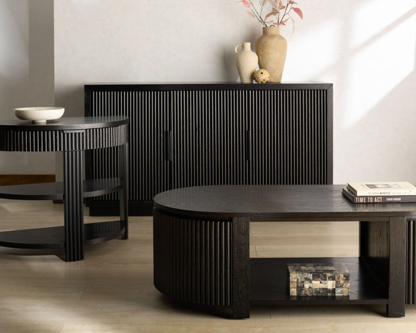 Safavieh SHELBIE 3-Door Reeded Sideboard and TV Stand - Modern Storage Solution for Stylish Living Spaces Black / Black SFV2210B