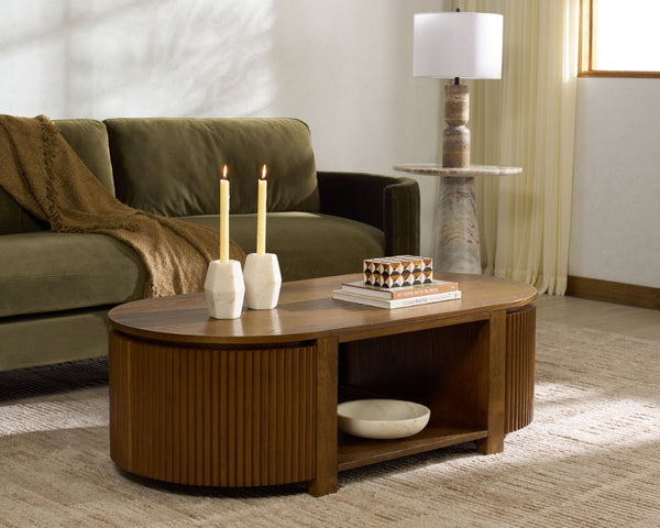 Safavieh SHELBIE Reeded Oval Coffee Table - Elegant Living Room Centerpiece with Stylish Wood and Resin Design Medium Oak SFV2209C
