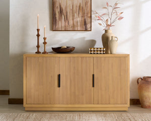 Safavieh SHELBIE 3-Door Reeded Sideboard and TV Stand - Modern Storage Solution for Stylish Living Spaces Oak / Black SFV2210A