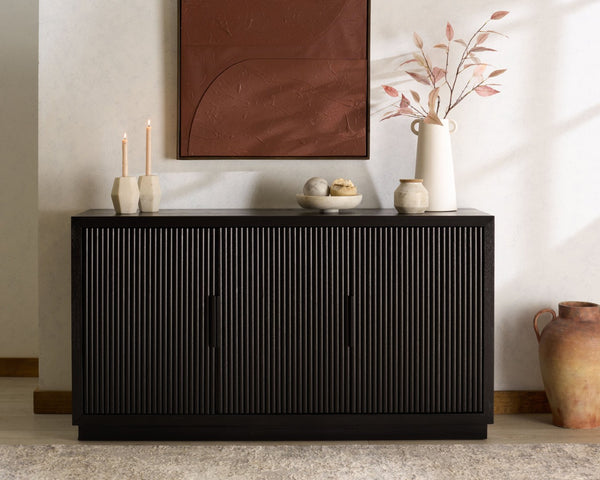 Safavieh SHELBIE 3-Door Reeded Sideboard and TV Stand - Modern Storage Solution for Stylish Living Spaces Black / Black SFV2210B