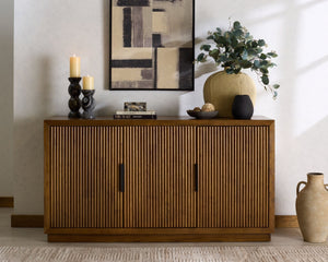 Safavieh SHELBIE 3-Door Reeded Sideboard and TV Stand - Modern Storage Solution for Stylish Living Spaces Medium Oak / Black SFV2210C