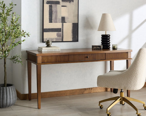 Safavieh SHELBIE 1 Drawer Reeded Desk – Modern Stylish Workspace with Smooth-Glide Drawer & Spacious Surface Medium Oak / Black SFV2211C