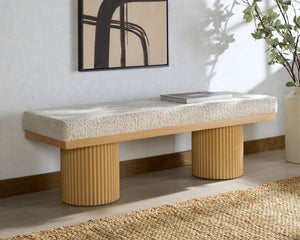 Safavieh ONEIDA Boucle Bench with Reeded Legs – Oak & White Cushion for Stylish Entryway or Living Room Decor SFV2215A