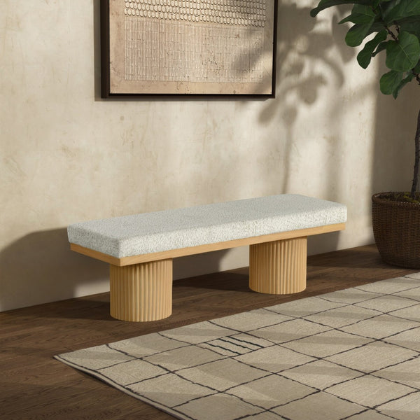 Safavieh ONEIDA Boucle Bench with Reeded Legs – Oak & White Cushion for Stylish Entryway or Living Room Decor SFV2215A