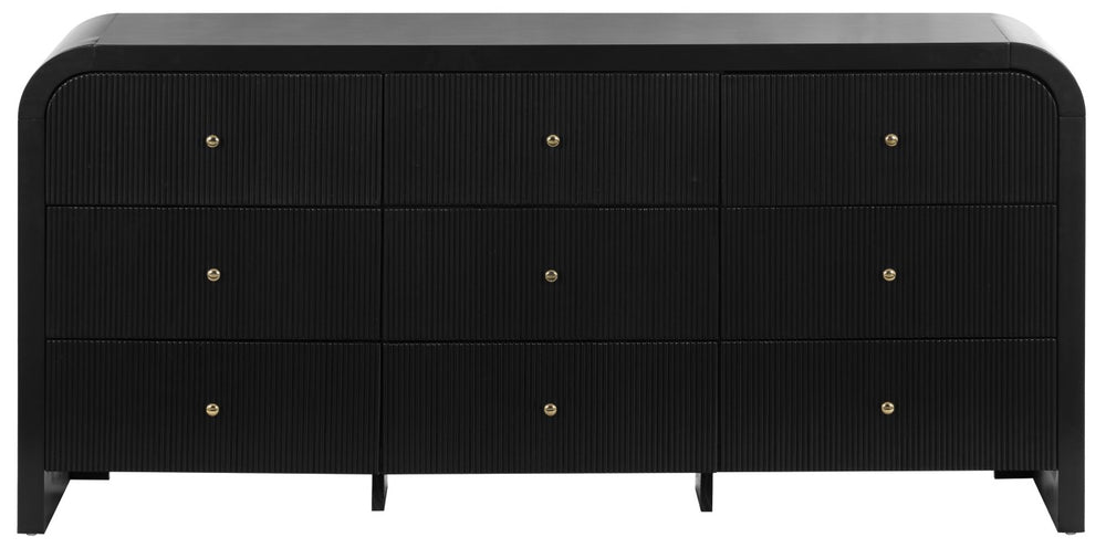Safavieh Liabella Nine Drawer Curved Dresser Sculptural Matte Black Gold Hardware Bedroom SFV2218B