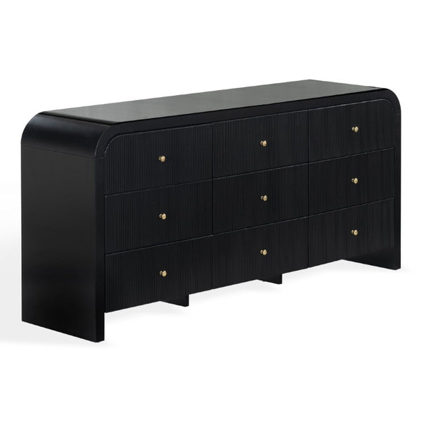 Safavieh Liabella Nine Drawer Curved Dresser Sculptural Matte Black Gold Hardware Bedroom SFV2218B