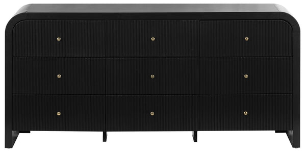 Safavieh Liabella Nine Drawer Curved Dresser Sculptural Matte Black Gold Hardware Bedroom SFV2218B