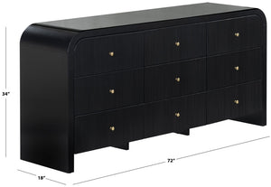 Safavieh Liabella Nine Drawer Curved Dresser Sculptural Matte Black Gold Hardware Bedroom SFV2218B