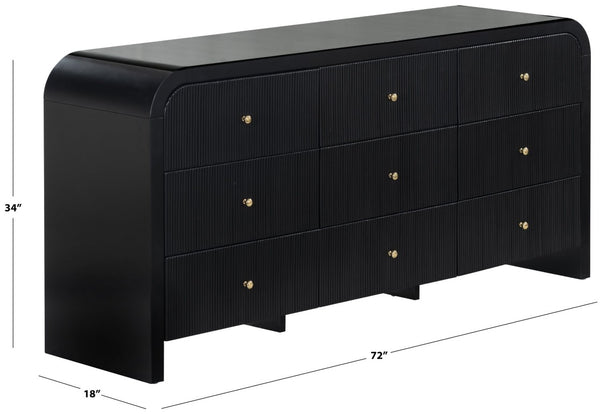 Safavieh Liabella Nine Drawer Curved Dresser Sculptural Matte Black Gold Hardware Bedroom SFV2218B