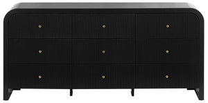 Safavieh Liabella Nine Drawer Curved Dresser Sculptural Matte Black Gold Hardware Bedroom SFV2218B