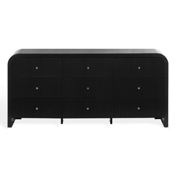 Safavieh Liabella Nine Drawer Curved Dresser Sculptural Matte Black Gold Hardware Bedroom SFV2218B