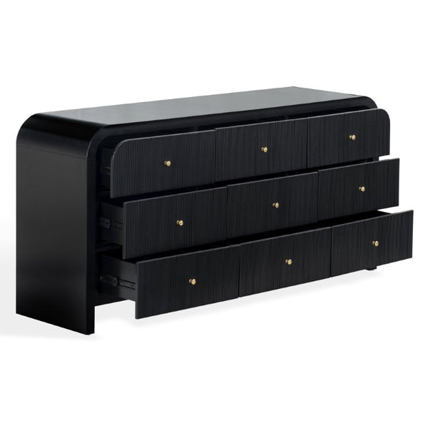 Safavieh Liabella Nine Drawer Curved Dresser Sculptural Matte Black Gold Hardware Bedroom SFV2218B
