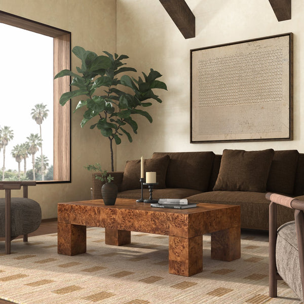 Betharose Solid Burl Wood Coffee Table With Hand-Finished Grain, Low-Profile Durable Centerpiece