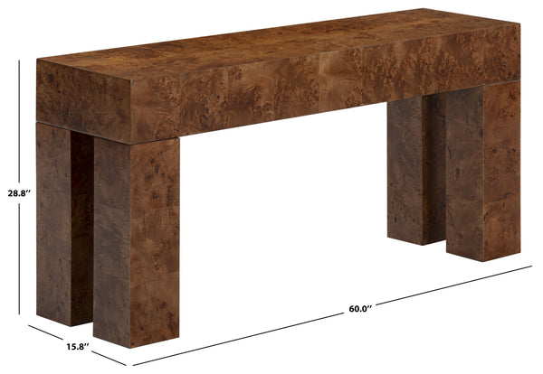Betharose Burl Wood Console Table With Dramatic Swirl Grain — Slim Profile For Narrow Spaces And Display