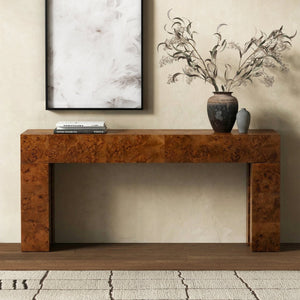 Betharose Burl Wood Console Table With Dramatic Swirl Grain — Slim Profile For Narrow Spaces And Display