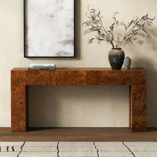 Betharose Burl Wood Console Table With Dramatic Swirl Grain — Slim Profile For Narrow Spaces And Display