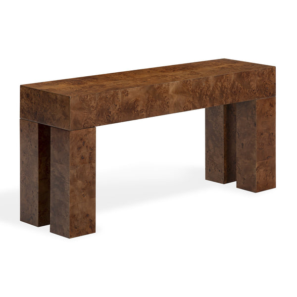 Betharose Burl Wood Console Table With Dramatic Swirl Grain — Slim Profile For Narrow Spaces And Display