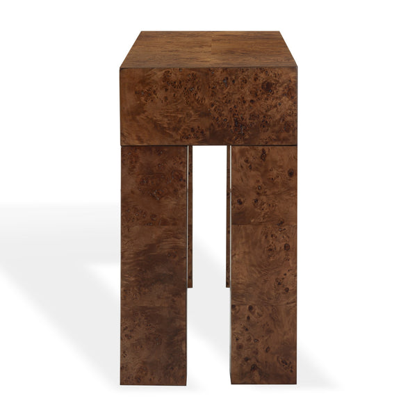 Betharose Burl Wood Console Table With Dramatic Swirl Grain — Slim Profile For Narrow Spaces And Display