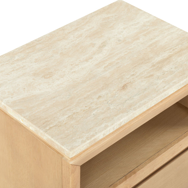 Alaura Nightstand With Natural Stone Top And Solid Wood Base — Minimalist Bedside Storage, 26"H