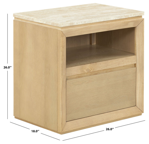 Alaura Nightstand With Natural Stone Top And Solid Wood Base — Minimalist Bedside Storage, 26"H
