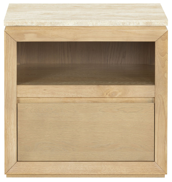 Alaura Nightstand With Natural Stone Top And Solid Wood Base — Minimalist Bedside Storage, 26"H