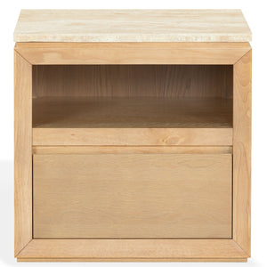 Alaura Nightstand With Natural Stone Top And Solid Wood Base — Minimalist Bedside Storage, 26"H