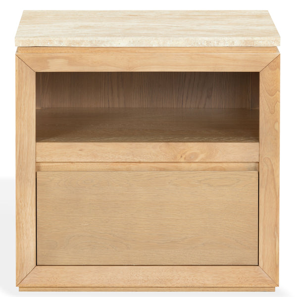 Alaura Nightstand With Natural Stone Top And Solid Wood Base — Minimalist Bedside Storage, 26"H