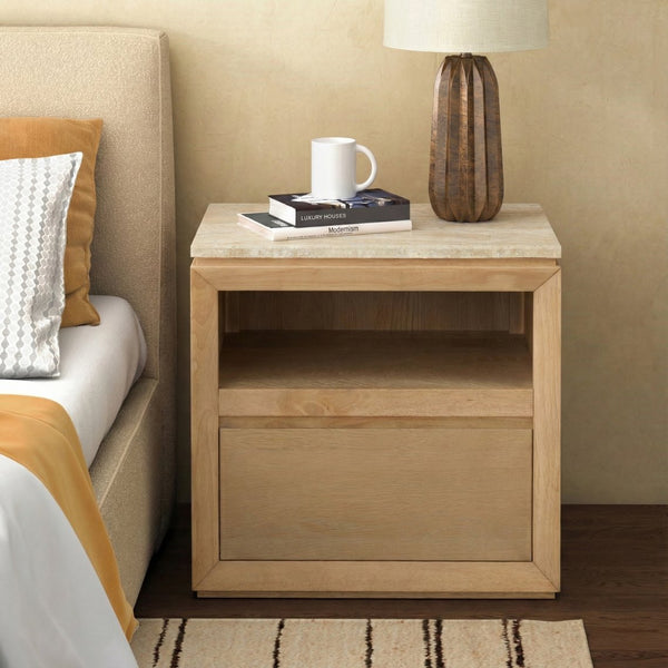 Alaura Nightstand With Natural Stone Top And Solid Wood Base — Minimalist Bedside Storage, 26"H