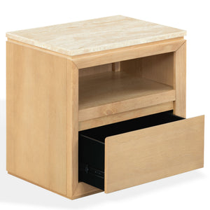 Alaura Nightstand With Natural Stone Top And Solid Wood Base — Minimalist Bedside Storage, 26"H