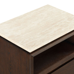 Alaura Nightstand With Natural Stone Top And Solid Wood Base — Minimalist Bedside Storage, 26"H