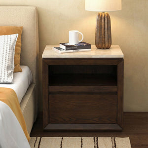 Alaura Nightstand With Natural Stone Top And Solid Wood Base — Minimalist Bedside Storage, 26"H