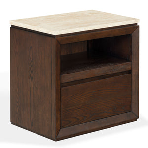 Alaura Nightstand With Natural Stone Top And Solid Wood Base — Minimalist Bedside Storage, 26"H