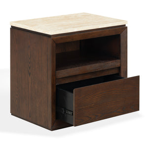 Alaura Nightstand With Natural Stone Top And Solid Wood Base — Minimalist Bedside Storage, 26"H